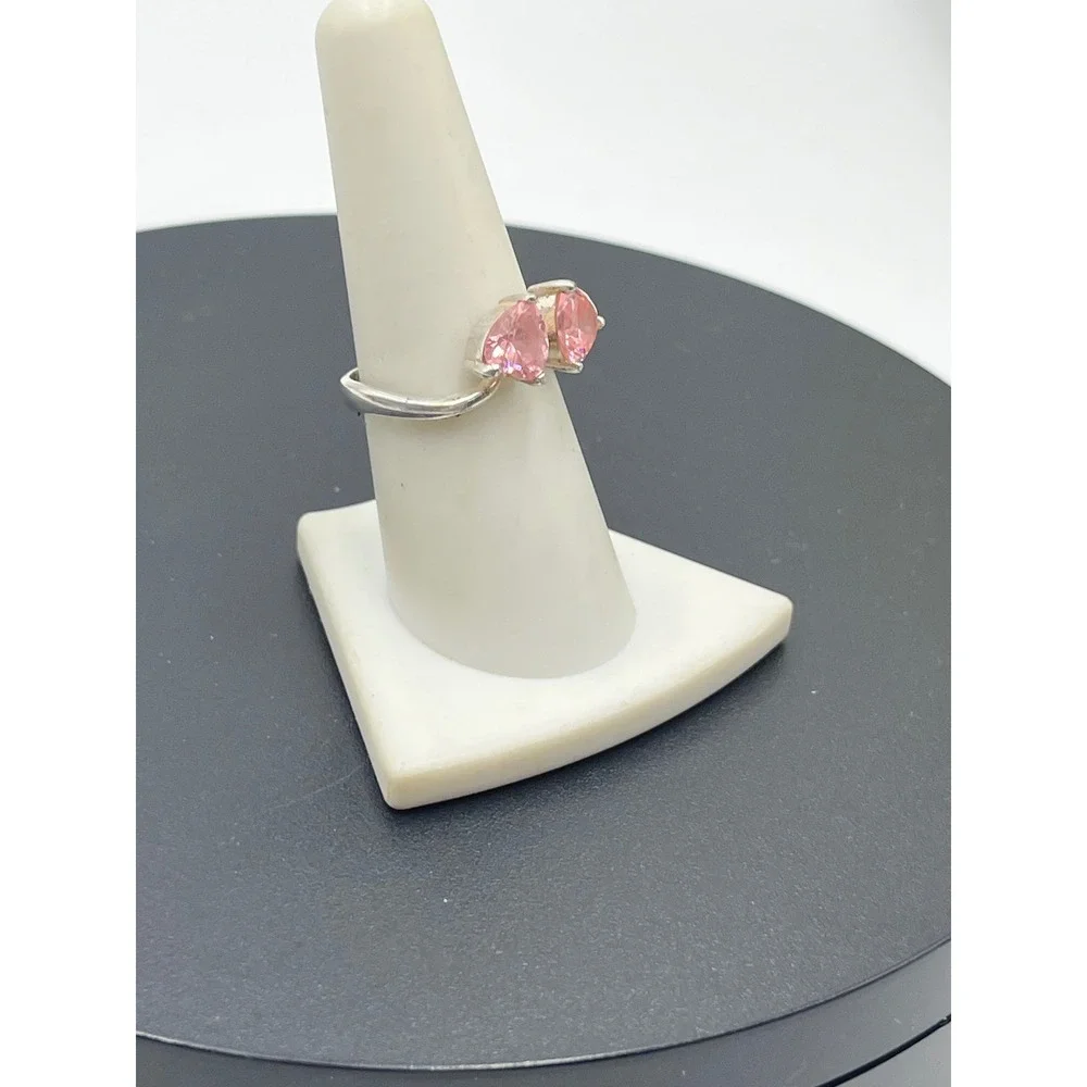 Sterling‎ Silver 925 Double Heart Pink Ice Gemstone Faux Bypass Ring Sz 8.25